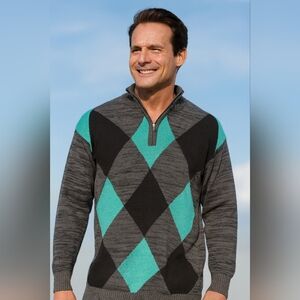 Carbon Old Money Christmas XL Mens Black Teal Argyle Zip-Up Grandpa Sweater